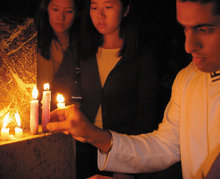 A candlelight vigil took place on campus soon after the events of 9-11. Photo: eliza bang ’03 barnard